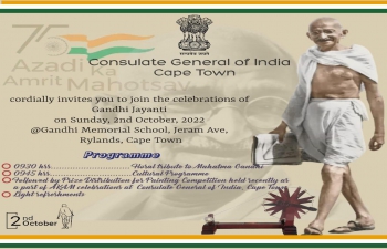 Invites you to join the celebrations of Gandhi Jayanti on Sunday, 2nd October, 2022
